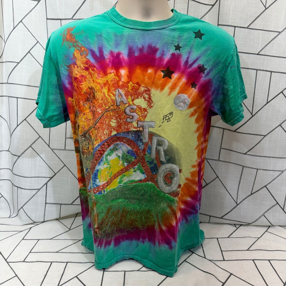 Travis Scott Astroworld Tie Dye Tour T-Shirt Mens Medium Green Graphic 2018 READ